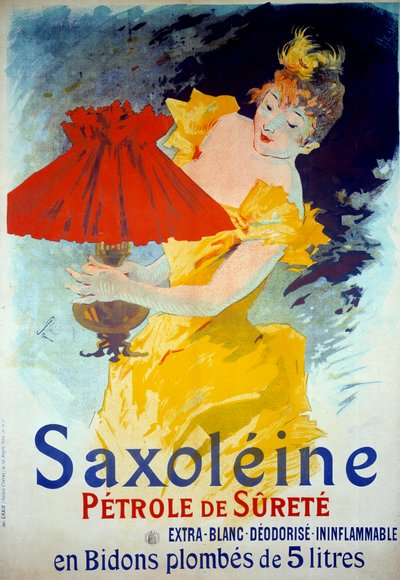 Plakat reklamowy produktu "Saxoleine Petrole de surete": Kobieta wlewa olej do lampy. Plakat reklamujący "Saxoleine", olej do bezpiecznych lamp autorstwa Julesa Chereta (1836-1932). autorstwa Jules Cheret