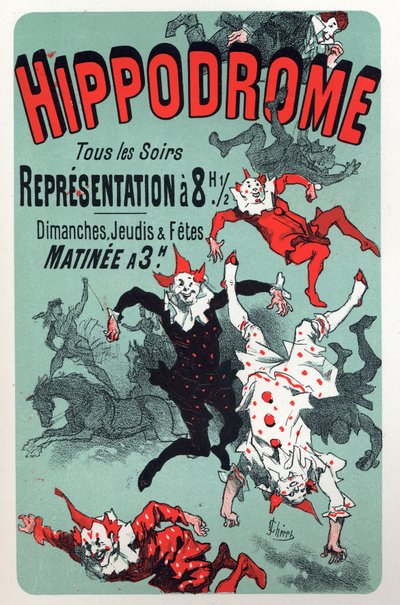 Sztuka. Zabawa. Klauni. Pokaż cyrk Hipodrom, Paryż. Plakat Jules Cheret, Francja, ok.1880 (plakat) autorstwa Jules Cheret
