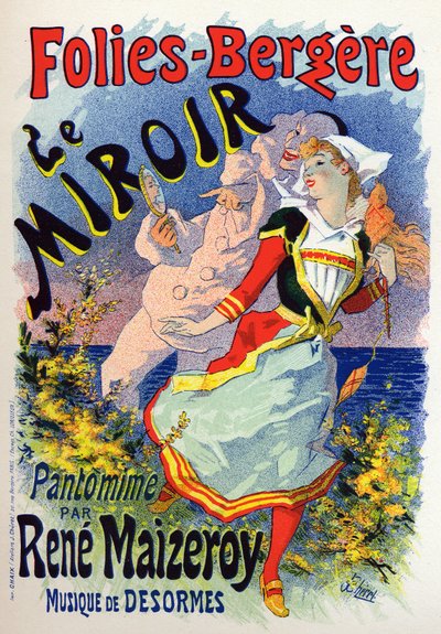 Sztuka. Zabawa. Lustro, pokaz mimów w kabarecie Les Folies Bergeres w Paryżu. Plakat Jules Cheret, Francja, c.1890 (plakat) autorstwa Jules Cheret