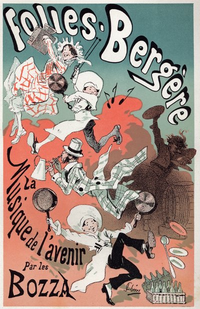 Sztuka. Zabawa. Muzyka przyszłości w wykonaniu Bozzy. Plakat Julesa Chereta na wystawę w Folies Bergeres, Paryż, ok. 1880 (plakat) autorstwa Jules Cheret