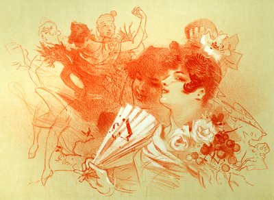 Na balu - rysunek (sangwinik) Julesa Chereta (1836 - 1932) - młode kobiety i tancerki - taniec - kolekcja prywatna - autorstwa Jules Cheret