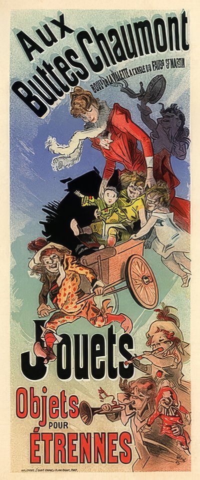 Aux Buttes Chaumont. Plakat reklamowy sklepu z zabawkami. około 1900 autorstwa Jules Cheret