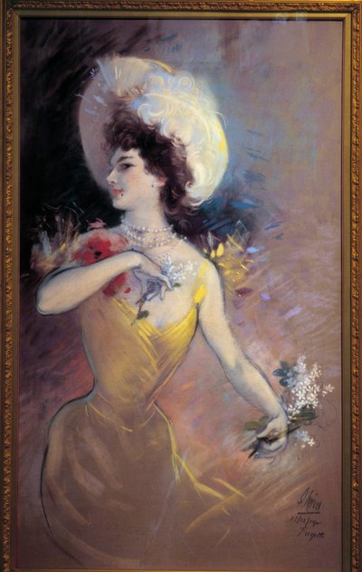 Fagette Młoda kobieta z kapeluszem i bukietem kwiaty. Obraz Julesa Chereta (1836-1932) 1900. Nicea, Musee Cheret autorstwa Jules Cheret