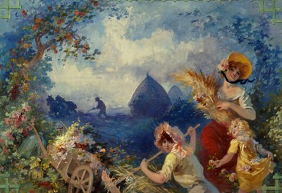 La Terre Allegorie reprezentująca młode kobiety trzymające pszeniczne buty na tle żniw. Karton na gobelin, Jules Cheret (1836-1932) XX w. Nicea, Musee Cheret autorstwa Jules Cheret