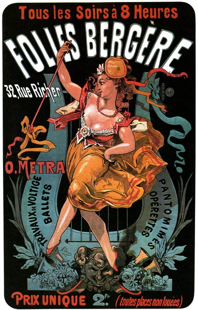 Plakat do Folies-Bergere 1874 Jules Cheret (1836-1932) - akrobacje, balety, pantomimy, operetki, taniec, tancerz, music hall (music hall), Paryż gejów, Paryż nocą - autorstwa Jules Cheret