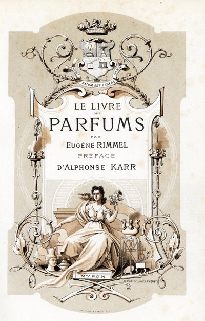 Strona tytułowa z herbem i kobietą trzymającą różę, siedzącą na tronie - Ilustracja Jules Cheret (1836-1932) z Le Livre des Parfums Eugene
