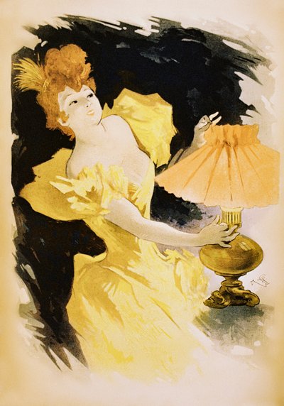 Vintage plakat przedstawiający elegancką kobietę włączającą lampę gazową autorstwa Jules Cheret