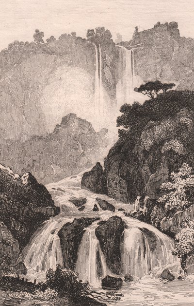 Widok wodospadu Marmore (Cascata delle Marmore) w pobliżu Terni, Umbria, Włochy, staloryt według rysunku Julesa Coigneta (1798-1860), ok. 14x20 cm autorstwa Jules Coignet