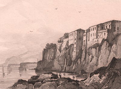 Widok Sorrento z domem Torquato Tasso, Kampania, Włochy, staloryt Sauvage