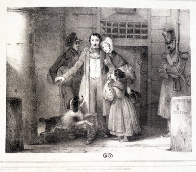 Mężczyzna opuszczający więzienie i spotykający się z rodziną, ok. godz. 1830. autorstwa Jules David