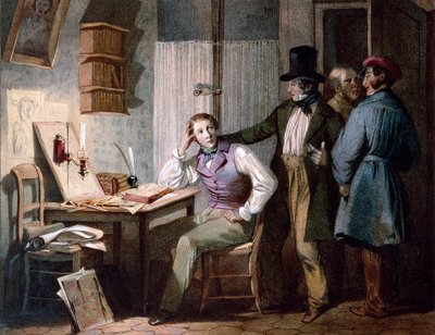 Nauka. Pilny student w swoim biurze zostaje w pracy, podczas gdy jego przyjaciele wychodzą. Grawerowanie barwne autorstwa Julesa Davida (XIX wiek). Paryż, Muzeum Carnavalet autorstwa Jules David
