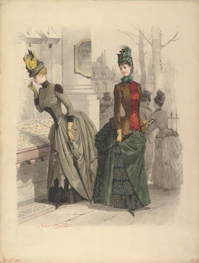 Dwie kobiety w sukniach dziennych: rysunek przygotowawczy do modnego talerza z..., 19 października 1886. autorstwa Jules David