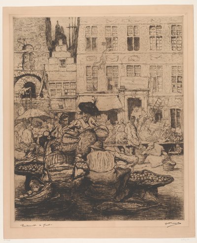 Pejzaż miejski z targiem owoców w Gandawie Targ owocowy w Gandawie (tytuł na obiekcie) autorstwa Jules De Bruycker (signed by artist)