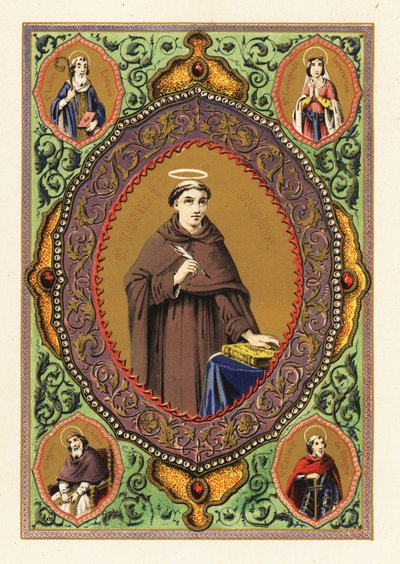 Portret św. Tomasza z Akwinu, z aureolą, gęsim piórem i Biblią, w ozdobnej ramce z liści i złocenia autorstwa Jules Desportes