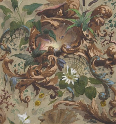 Wzór na tapetę przedstawiającą muszle, lilie wodne i pałki, 1830-97. Twórcy: Jules-Edmond-Charles Lachaise, Eugène-Pierre Gourdet. autorstwa Jules Edmond Charles Lachaise and Eugène Pierre Gourdet