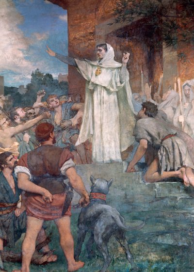 Ste Genevieve uspokaja paryżan autorstwa Jules Elie Delaunay