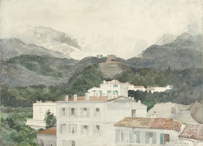 Wiejskie domy u podnóża gór, przed nami wysokie góry, La Turbie autorstwa Jules Ferdinand Jacquemart