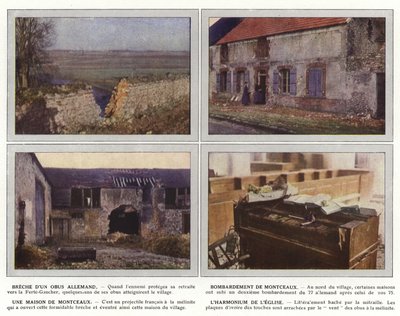 Wyrwanie niemieckiej muszli, bombardowanie Montceaux, dom Montceaux, harmonium kościoła autorstwa Jules Gervais-Courtellemont