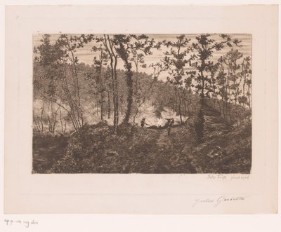Las z drwalami i palnikami na drewno autorstwa Jules Guiette