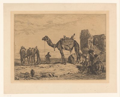 Krajobraz z wielbłądami w ruinie Sous les murs de Tehran (Pers) autorstwa Jules Joseph Augustin Laurens (signed by artist)