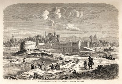 Most Allah Verdi Kahn, erige około 1608 roku, w Isfahanie (lub Isfahanie) (Iran), jest zarówno przeprawą przez rzekę Zend e Roud, jak i tamą regulującą bieg rzeki za pomocą talaru lub kiosk z lustrami, gdzie władca perski mógł ob autorstwa Jules Joseph Augustin Laurens
