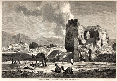 Przedmieścia Teheranu (dzisiejszy Iran). Rysunek Julesa Laurensa (1825-1901), ilustrujący podróż Arthura Gobineau do Persji w latach 1855-1858. Rycina w „” Le tour du monde, nouveau journal des voyages”” Paryż autorstwa Jules Joseph Augustin Laurens