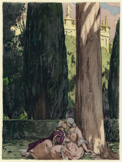 Ilustracja do pamiętników Casanovy (kolorowa litografia) autorstwa Jules Marie Auguste Leroux