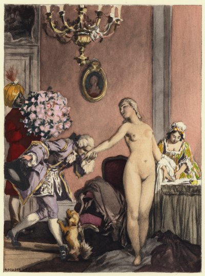 Ilustracja do pamiętników Casanovy (kolorowa litografia) autorstwa Jules Marie Auguste Leroux