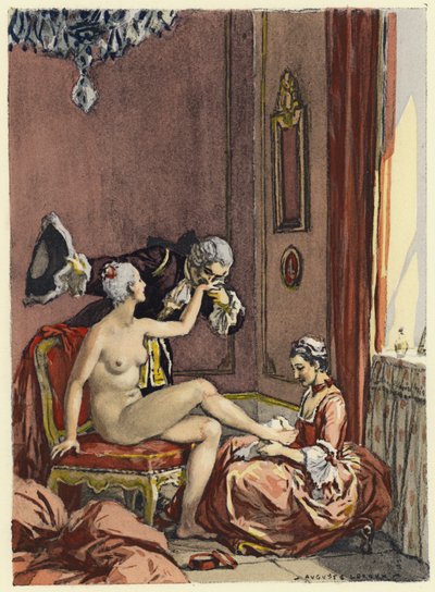 Ilustracja do pamiętników Casanovy (kolorowa litografia) autorstwa Jules Marie Auguste Leroux