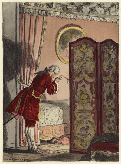 Ilustracja do pamiętników Casanovy (kolorowa litografia) autorstwa Jules Marie Auguste Leroux