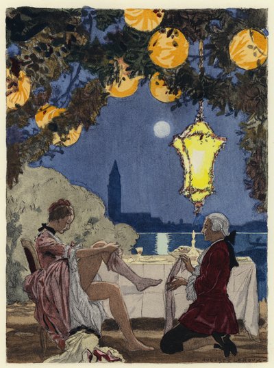 Ilustracja do pamiętników Casanovy (kolorowa litografia) autorstwa Jules Marie Auguste Leroux