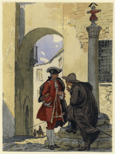 Ilustracja do pamiętników Casanovy (kolorowa litografia) autorstwa Jules Marie Auguste Leroux
