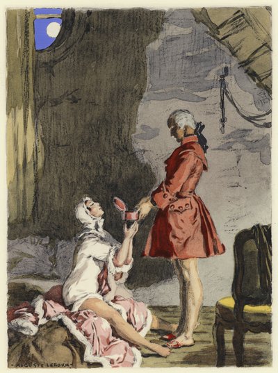 Ilustracja do pamiętników Casanovy (kolorowa litografia) autorstwa Jules Marie Auguste Leroux