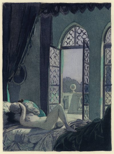 Ilustracja do pamiętników Casanovy (kolorowa litografia) autorstwa Jules Marie Auguste Leroux