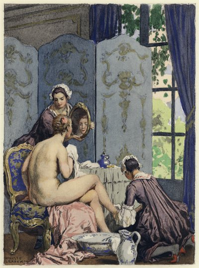 Ilustracja do pamiętników Casanovy (kolorowa litografia) autorstwa Jules Marie Auguste Leroux
