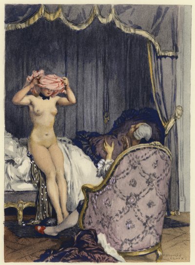 Ilustracja do pamiętników Casanovy (kolorowa litografia) autorstwa Jules Marie Auguste Leroux