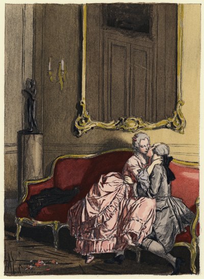 Ilustracja do pamiętników Casanovy (kolorowa litografia) autorstwa Jules Marie Auguste Leroux