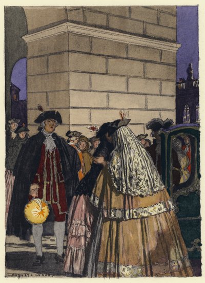 Ilustracja do pamiętników Casanovy (kolorowa litografia) autorstwa Jules Marie Auguste Leroux