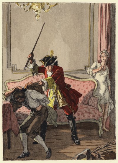 Ilustracja do pamiętników Casanovy (kolorowa litografia) autorstwa Jules Marie Auguste Leroux