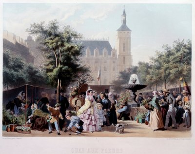 Widok na Quai aux Fleurs w Paryżu Spacer po Ile de la Cite. Litografia Jules Marie Desandre (1845-?) XIX-wieczny Paryż, Musee Carnavalet autorstwa Jules Marie Desandre