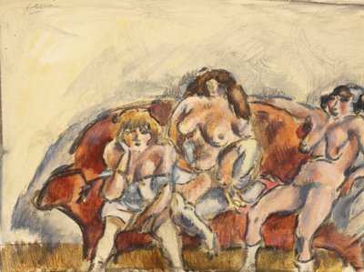 Trzy kobiety na czerwonej kanapie (wc na papierze) autorstwa Jules Pascin