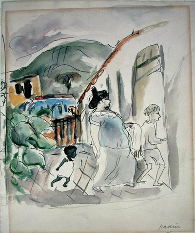 Kobieta i dwoje dzieci (akwarela na papierze) autorstwa Jules Pascin