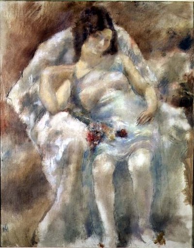 Młoda kobieta siedząca z kwiatami autorstwa Jules Pascin