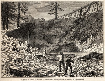 Roszczenie lub warsztat górniczy w Kalifornii, rysunek Julesa Pelcoqa, ilustrujący historię podróży barona de Wogana do Kalifornii w latach 1850-1852. Grawerowanie w „”Le tour du monde, nouveau journal des voyages””Paryż autorstwa Jules Pelcoq