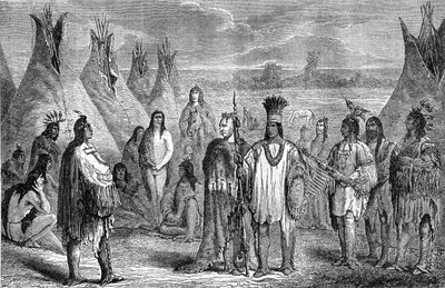 Grupa Indian Delawares w ich obozie tipi. Rycina przypisywana Janet Lange, ok. 1870 r. Ilustracja do wydania książki Hachette z 1888 r. „Ostatni Mohikanin”, według Fenimore