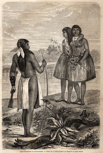 Typ Indianina z Rio Colorado, rys. Jules Pelcoq, ilustrujący historię podróży barona de Wogana do Kalifornii w latach 1850-1852. Grawerowanie w „”Le tour du monde, nouveau journal des voyages””Paryż autorstwa Jules Pelcoq