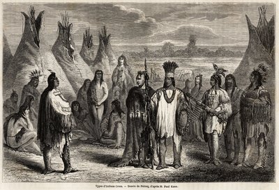 Rodzaje Crees Indians of Canada, rysunek Pelcoq, ilustrujący eksplorację Gór Skalistych w latach 1857-59 przez kapitana Johna Pallisera. Grawerowanie w „”Le tour du monde, nouveau journal des voyages””Paryż autorstwa Jules Pelcoq