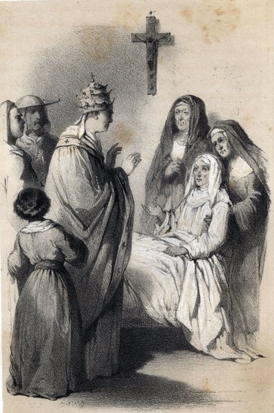 Reprezentacja św. Klary (Chiary) z Asyżu (ok. 1192-1253), założycielki zakonu klarysek w „Wielkich kobietach Europy”. Hrabina Drohojowska z domu Symon of Latreiche. Ilustrujące rysunki Julesa Davida i Raunheima. około 1850 autorstwa Jules and Raunheim Hermann David