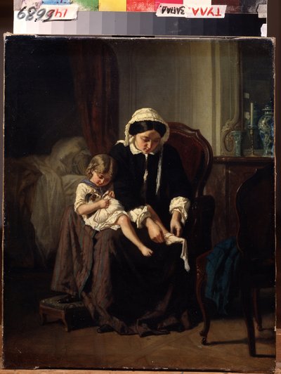 Toaleta poranna (Toaleta poranna). Matka (lub służąca?) pomaga dziecku się ubrać. Obraz Julesa Treyera (1824-1908). Olej na płótnie, 47 x 39 cm autorstwa Jules Treyer