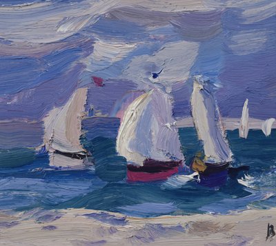 Wyścigi pontonów w Poole Harbor (olej na pokładzie) autorstwa Julian Bailey